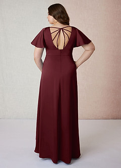 Azazie Lani Bridesmaid Dresses Cabernet A-Line Flounce Sleeve Stretch Satin Dress image8