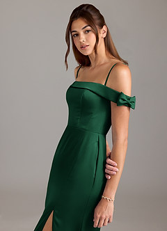 Azazie Zayla Bridesmaid Dresses Dark Green A-Line Off the Shoulder Stretch Satin Convertible Dress image2