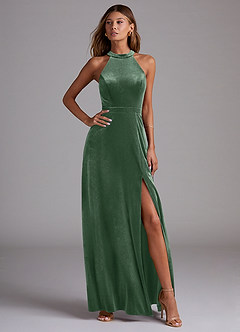 Azazie Clarice Bridesmaid Dresses Eucalyptus A-Line Side Slit Velvet Dress image4