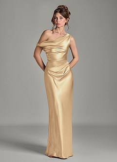 Azazie Emerson Bridesmaid Dresses Champagne Mermaid Off the Shoulder Metallic Satin Dress image3