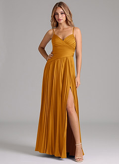 Azazie Vini Bridesmaid Dresses Butterscotch A-Line Pleated Stretch Satin Dress image3
