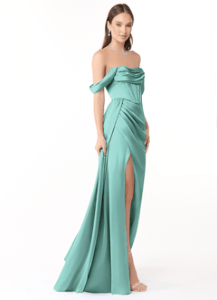 Azazie Amyra Vestidos de damas de honor Vestido de Aqua de Satén Elástico de Corte Recto Convertible con Vestidos sin tirantes image4