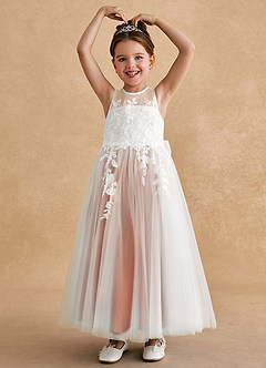 Azazie Bitsy Flower Girl Dresses Ivory Cinnamon A-Line Lace Tulle Dress image2