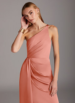 Azazie Mika Bridesmaid Dresses Coral Sheath One Shoulder Stretch Satin Dress image6