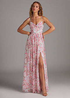 Azazie Zeya Bridesmaid Dresses Abstract Watercolor Floral A-Line V-Neck Pleated Chiffon Dress image4