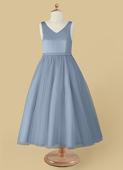 Azazie Marybell Flower Girl Dresses Dusty Blue A-Line Bow Tulle Dress image11