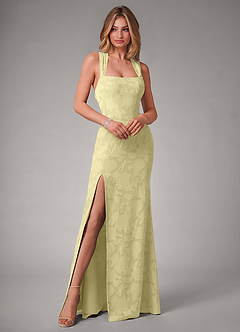 Azazie Luci Bridesmaid Dresses Lemon Sorbet Mermaid Pleated Floral Burnout Convertible Dress image3