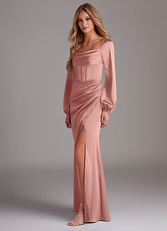 Azazie Charissa Brautjungfernkleider Etui Langarm Stretch-Satin Kleid Rosettenrosa image5