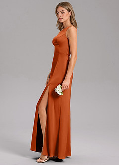 Azazie Feby Vestidos de damas de honor Vestido de Naranja Quemada de Satén Elástico de Corte en A con Hombro unilateral image5