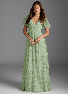 Azazie Kimber Bridesmaid Dresses Green Fern Floral A-Line Flounce Sleeve Chiffon Dress image3