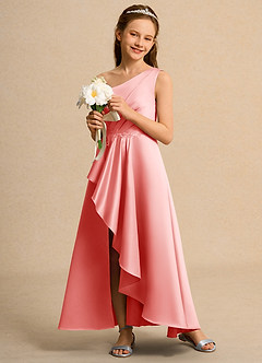 Azazie Taffy Junior Formal Robe Demoiselle D'honneur Fillette Robe Trapèze en Mat Satiné Dentelle Corail image4
