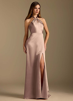 Azazie Tracie Final Sale Taupe A-Line Pleated Metallic Satin Dress image5