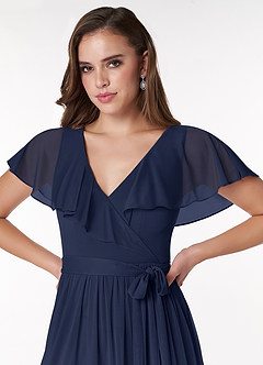 Azazie Jael Bridesmaid Dresses Dark Navy A-Line V-Neck Mesh Dress image9