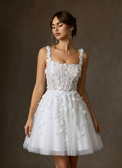 Azazie Sabine Hochzeitskleider A-Linie Rechteckiger Ausschnitt Spitze Kleid Diamantweiß image1