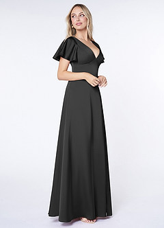 Azazie Lani Bridesmaid Dresses Black A-Line Flounce Sleeve Stretch Satin Dress image4