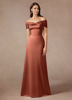 Azazie Amelia Vestidos para mãe da noiva Vestido Argila de Cetim elástico de Linha A com Fora do ombro image5