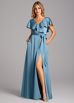 Azazie Lainey Bridesmaid Dresses Steel Blue A-Line with Pockets Stretch Satin Dress image4