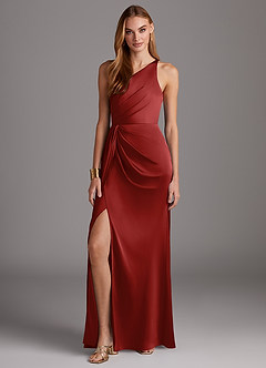 Azazie Mika Final Sale Pomegranate Sheath One Shoulder Stretch Satin Dress image3