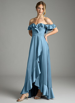 Azazie Lyra Bridesmaid Dresses Steel Blue A-Line Off the Shoulder Stretch Satin Convertible Dress image7