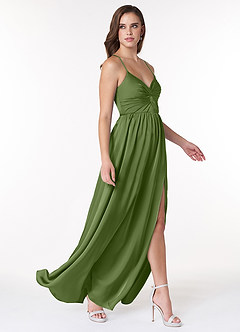 Azazie Raya Final Sale Juniper A-Line V-Neck Pleated Stretch Satin Dress image4