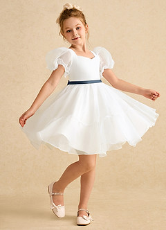 Azazie Debbie vestidos de niña de las flores Vestido de Marfil Azul Petróleo de Organza de Princesa con Escote de Corazón image3
