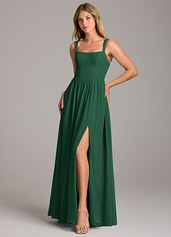 Azazie Rosaline Bridesmaid Dresses Dark Green A-Line Side Slit Chiffon Dress image3