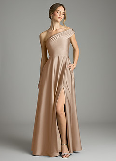 Azazie Melanie 신부 들러리 드레스 A라인 오프 더 숄더 스트레치 새틴 바닥 길이 드레스 image1