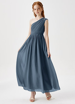Azazie Anissa Junior Abito A-Line in Chiffon Plissettato Blu Nettuno image3