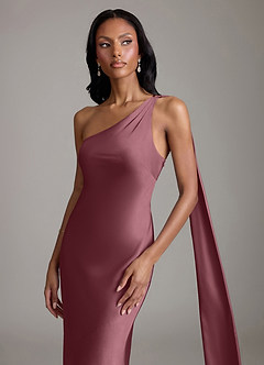 Azazie Juniper Bridesmaid Dresses Desert Rose Mermaid One Shoulder Stretch Satin Dress image3