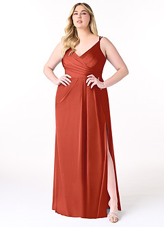 Azazie Aqua Bridesmaid Dresses Rust A-Line V-Neck Pleated Stretch Satin Dress image8