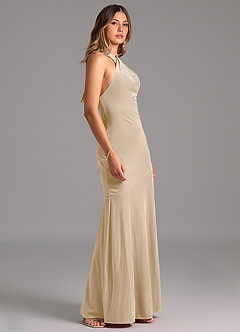 Azazie Drita Bridesmaid Dresses Champagne A-Line Pleated Velvet Dress image3