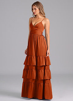 Azazie Nathalia Bridesmaid Dresses Burnt Orange A-Line Pleated Stretch Satin Dress image4