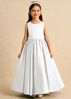 Azazie Nellia Blumenmädchenkleider A-Linie Schleifen Matte Satin Kleid Weiß image2