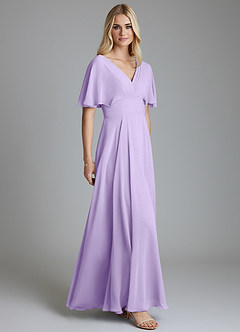 Azazie Pamela Vestidos de damas de honor Vestido de Lila de Gasa de Corte en A con Cuello en V plisado image4