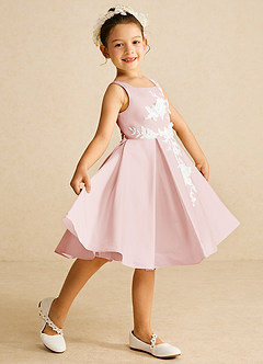 Azazie Kata Flower Girl Dresses Blushing Pink A-Line Lace Matte Satin Dress image1