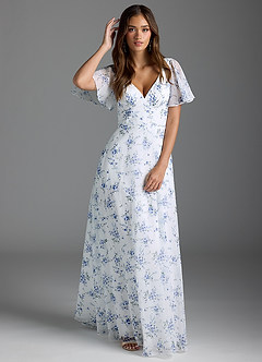 Azazie Kimber Bridesmaid Dresses Blue Cottage Floral A-Line Flounce Sleeve Chiffon Dress image3