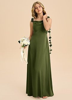 Azazie Gumdrop Junior Olive Empire Pleated Stretch Satin Dress image2