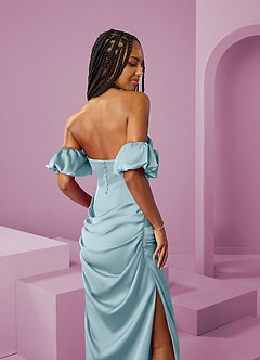 Barbie ♥ Azazie Robes de demoiselle d'honneur Robe Fourreau Convertible en Satin extensible Épaule décolletée Bleu Maussade image8