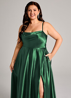 Azazie Elle Bridesmaid Dresses Dark Green A-Line with Pockets Metallic Satin Dress image6