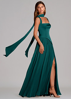 Azazie Stephanie Vestidos de damas de honor Vestido de Pavo Real de Satén Elástico de Corte en A con Plisado image3