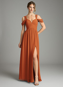 Azazie Lianne Bridesmaid Dresses Cinnamon A-Line Off the Shoulder Chiffon Dress image2