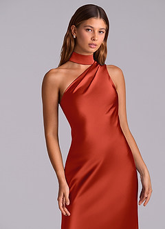 Azazie Seona Bridesmaid Dresses Rust Mermaid One Shoulder Stretch Satin Dress image2
