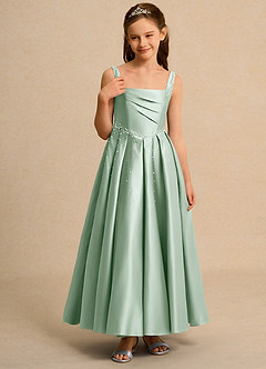 Azazie Mochi Girl Jurken voor bloemenmeisjes Baljurk Jurk van Mat Satijn Geplooid Agave image5