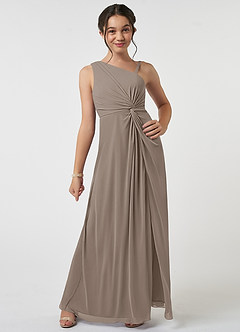 Azazie Brooke Junior Taupe A-Line Pleated Mesh Dress image1