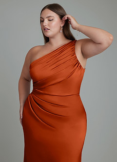 Azazie Akilah Bridesmaid Dresses Paprika Mermaid One Shoulder Stretch Satin Dress image13