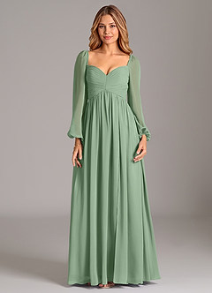 Azazie Alia Bridesmaid Dresses Matcha A-Line Long Sleeve Chiffon Dress image7