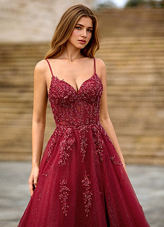 Milliener Burgundy Tulle Flowers Prom Dress image4