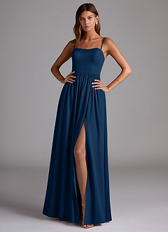 Azazie Calianna Bridesmaid Dresses Dark Navy A-Line Off the Shoulder Stretch Satin Convertible Dress image1