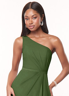 Azazie Liza Jurken voor bruidsmeisjes Jurk van Chiffon met Zeemeermin One-Shoulder Olijf image5