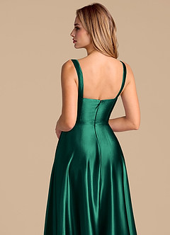 Azazie Shaude Bridesmaid Dresses Emerald A-Line Pleated Metallic Satin Dress image7